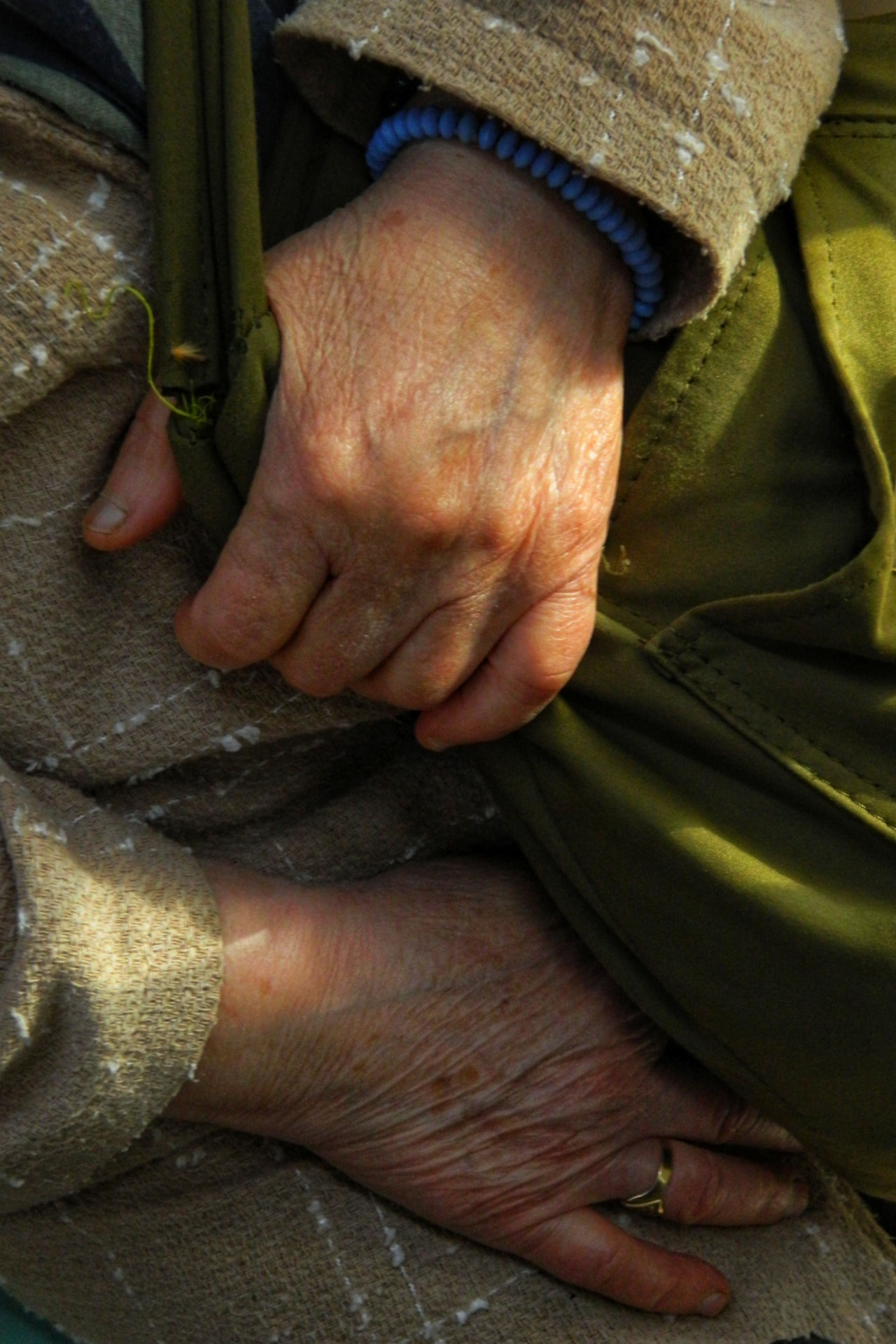 Clasped hands in golden evening light