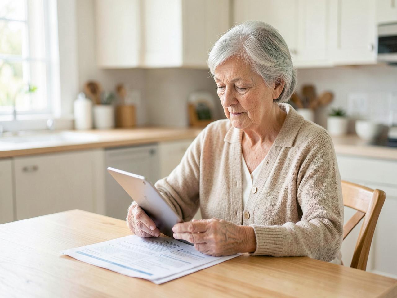 A woman in her seventies reviewing Medicare plan information at her kitchen table